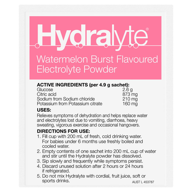 Hydralyte Watermelon Burst Flavoured Electrolyte Powder 24 Sachets