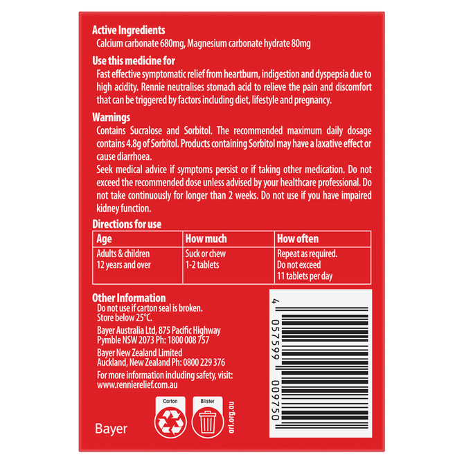 Rennie No Added Sugar Indigestion and Heartburn Relief Orange, 24 Chewable Tablets