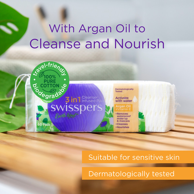 Swisspers Earth Kind 3in1 Cleanser Infused Pads - Argan Oil & Vitamin E