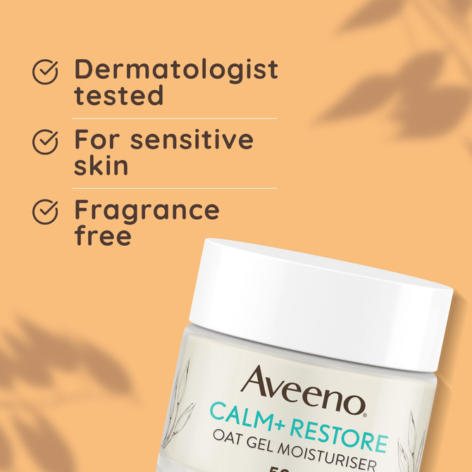 Aveeno Calm + Restore Oat Gel Moisturiser – Lightweight Face Gel for Sensitive Skin, 24H Hydration, Fragrance-Free, 50mL