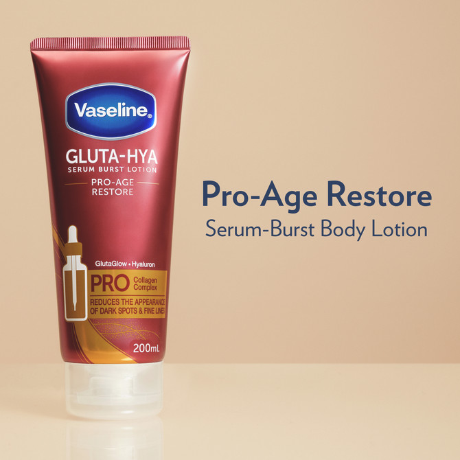 Vaseline Gluta-Hya Serum Burst Body Lotion for visibly bright and firm skin Pro-Age Restore fights dark spots and reduces fine lines 200 mL