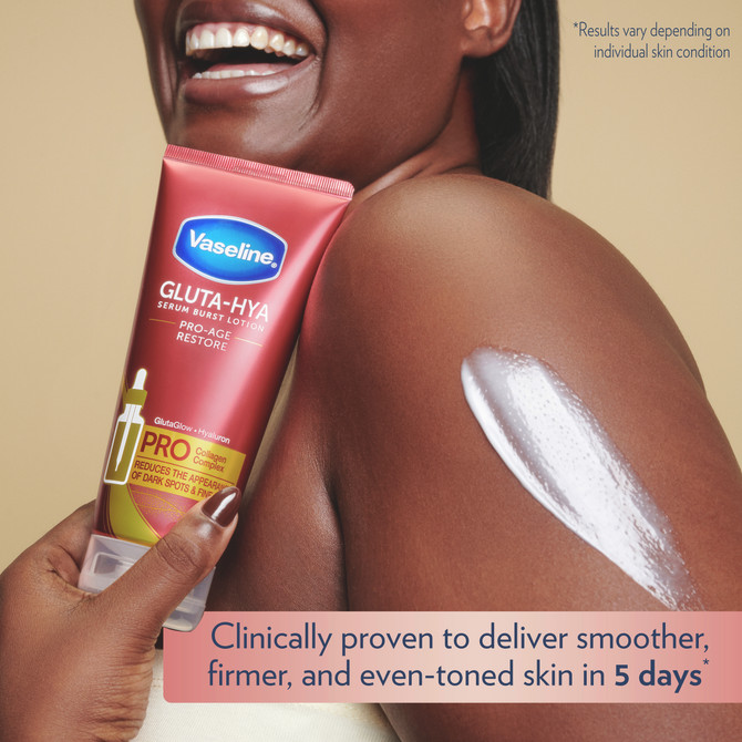 Vaseline Gluta-Hya Serum Burst Body Lotion for visibly bright and firm skin Pro-Age Restore fights dark spots and reduces fine lines 200 mL