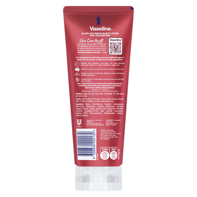 Vaseline Gluta-Hya Serum Burst Body Lotion for visibly bright and firm skin Pro-Age Restore fights dark spots and reduces fine lines 200 mL