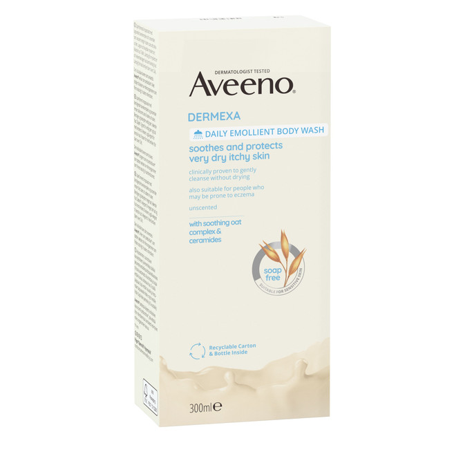 Aveeno Dermexa Daily Emollient Fragrance Free Body Wash Soothe & Moisturise Extra Dry Itchy Sensitive Eczema Prone Skin 300mL