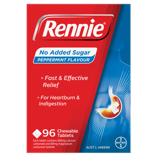 Rennie No Added Sugar Indigestion and Heartburn Relief Peppermint, 96 Chewable Tablets