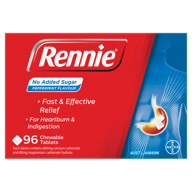 Rennie No Added Sugar Indigestion and Heartburn Relief Peppermint, 96 Chewable Tablets