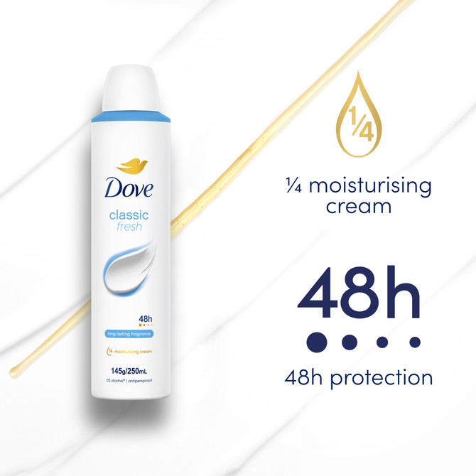 Dove Antiperspirant Deodorant for 48 hours of protection Classic aerosol with ¼ moisturising cream 250 mL