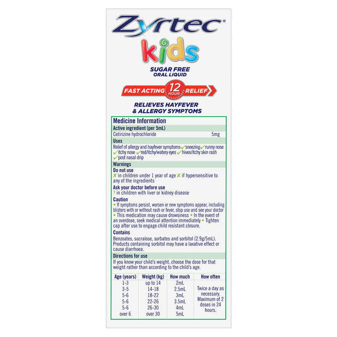 Zyrtec Kids Allergy & Hayfever Relief Antihistamine Bubblegum Liquid 120mL