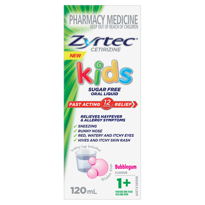 Zyrtec Kids Sugar Free Oral Liquid Antihistamine for Children – Hayfever & Allergy Relief Bubblegum Flavour 120mL