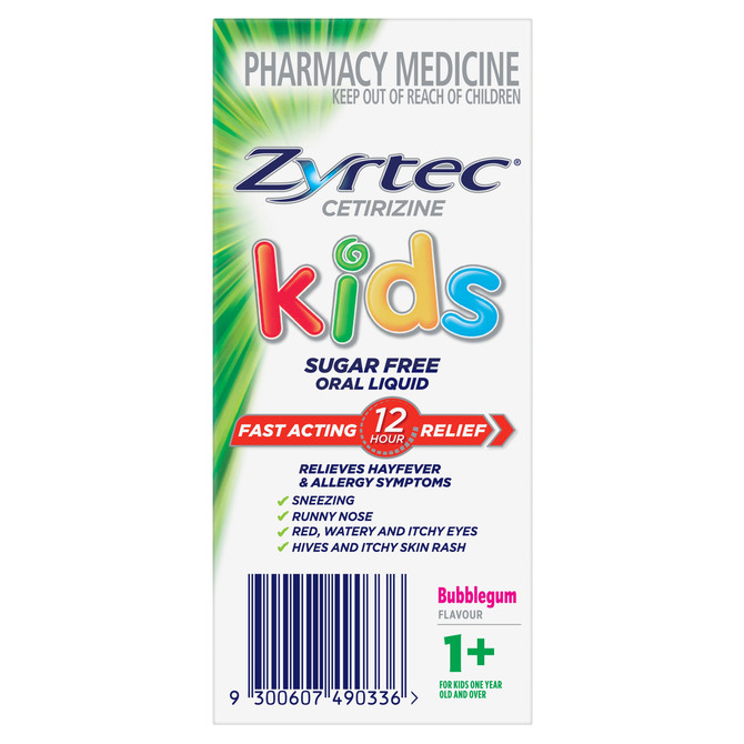 Zyrtec Kids Allergy & Hayfever Relief Antihistamine Bubblegum Liquid 60mL