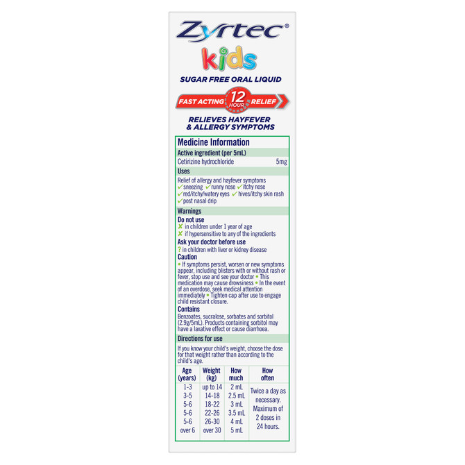 Zyrtec Kids Allergy & Hayfever Relief Antihistamine Bubblegum Liquid 60mL