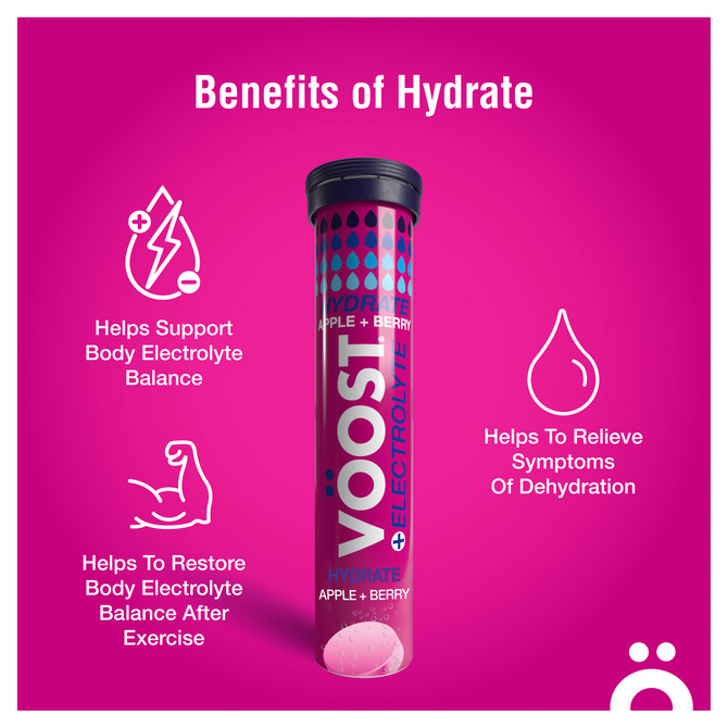 Voost Hydrate Apple Berry Effervescent Vitamins Supplement Relieve Symptoms of Dehydration 20 Tablets
