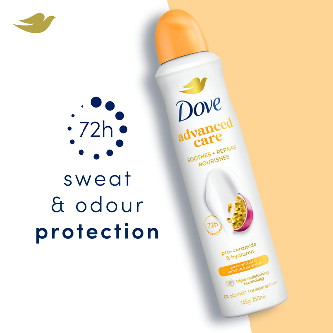 Dove Advanced Care Antiperspirant Deodorant 72HR Protection Passionfruit & Lemongrass Aerosol with Triple Moisturising Technology 250 ml