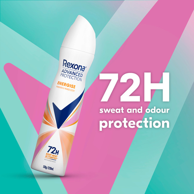 Rexona Women Advanced Protection Antiperspirant deodorant aerosol Energise Antiperspirant Body Heat Activated technology 220 mL