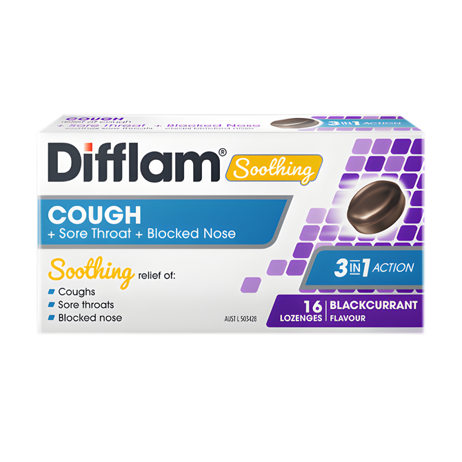 Difflam Soothing Cough, Sore Throat + Blocked Nose Lozenges Blackcurrant 16 Lozenges
