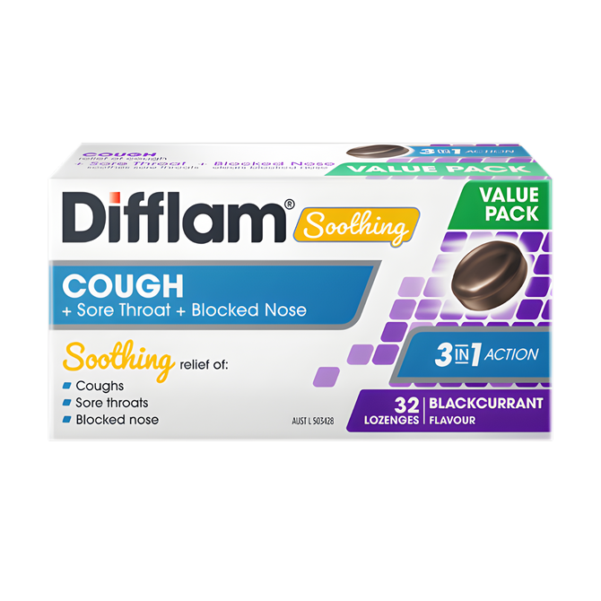Difflam Soothing Cough, Sore Throat + Blocked Nose Lozenges Blackcurrant 32 Lozenges