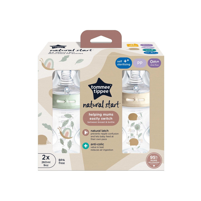 Tommee Tippee Baby Bottles, Natural Start Anti-Colic Baby Bottle with Slow Flow Breast-Like Teat, 260ml, 0m+, Self-Sterilising, Baby Feeding Essentials, Pink & Blue, Pack of 2