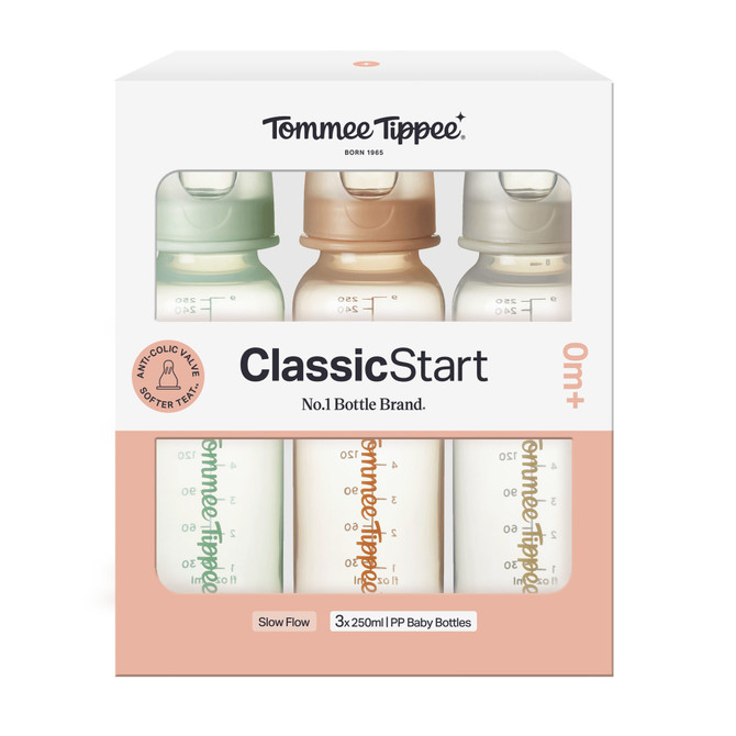 Tommee Tippee Classic Start Baby Bottles for 0m+, Pack of 3, 250ml Baby Bottles, with a Soft, Slow Flow Teat with Anti-Colic Valve, Narrow Neck Shape and BPA Free, Green, Brown & Grey