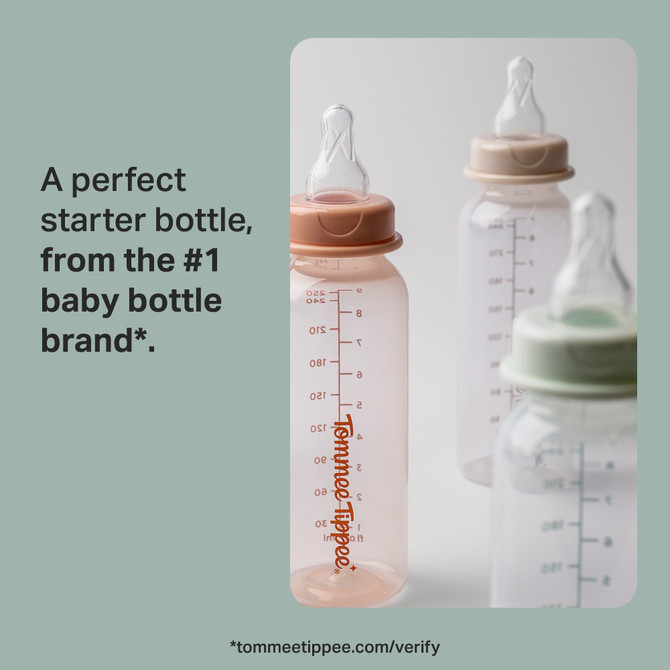 Tommee Tippee Classic Start Baby Bottles for 0m+, Pack of 3, 250ml Baby Bottles, with a Soft, Slow Flow Teat with Anti-Colic Valve, Narrow Neck Shape and BPA Free, Green, Brown & Grey