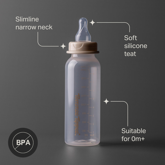 Tommee Tippee Classic Start Baby Bottles for 0m+, Pack of 3, 250ml Baby Bottles, with a Soft, Slow Flow Teat with Anti-Colic Valve, Narrow Neck Shape and BPA Free, Green, Brown & Grey
