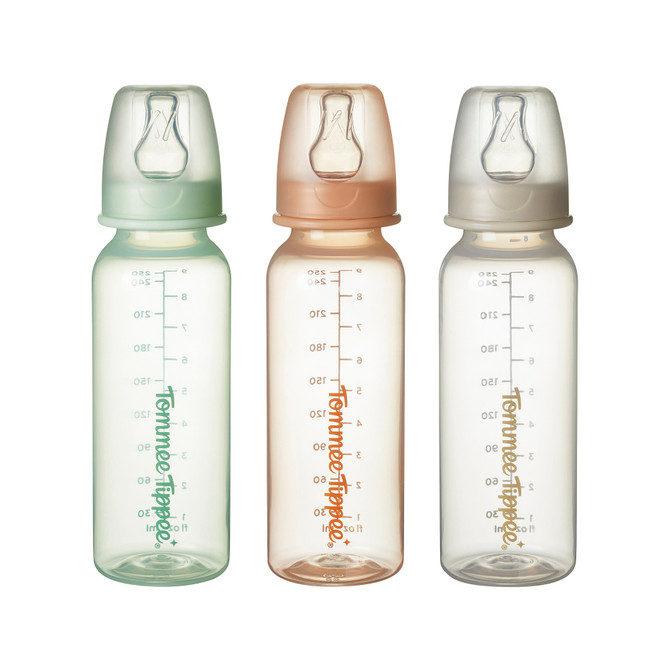 Tommee Tippee Classic Start Baby Bottles for 0m+, Pack of 3, 250ml Baby Bottles, with a Soft, Slow Flow Teat with Anti-Colic Valve, Narrow Neck Shape and BPA Free, Green, Brown & Grey
