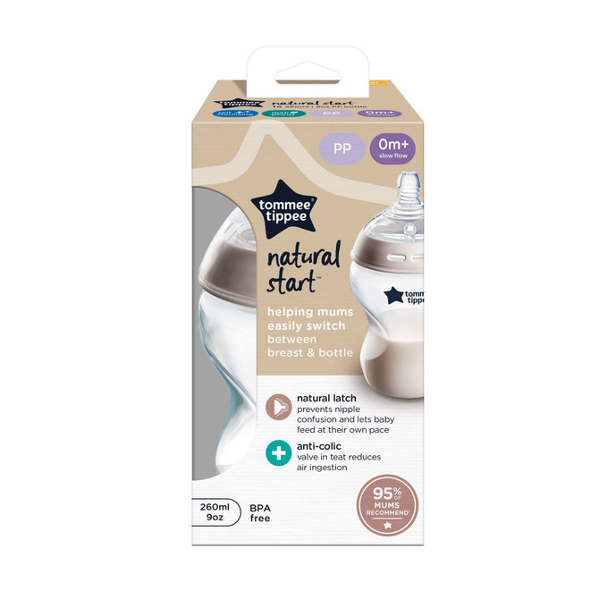 Tommee Tippee Baby Bottles, Natural Start Anti-Colic Baby Bottle with Slow Flow Breast-Like Teat, 260ml, 0m+, Self-Sterilising, Baby Feeding Essentials, Pack of 1