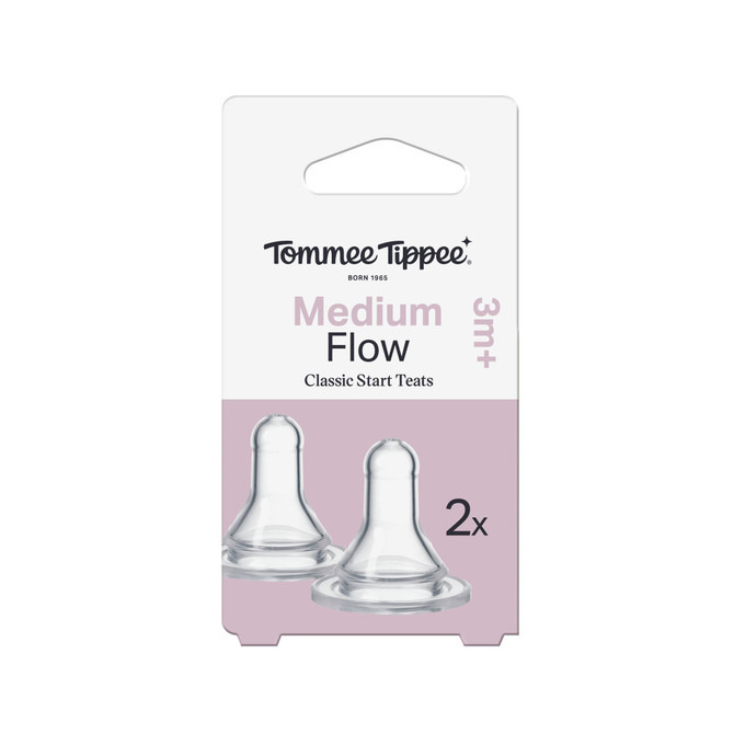 Tommee Tippee Classic Start Baby Bottle Replacement Teats, Pack of 2 Medium Flow Teats for Babies 3m+, with Anti-Colic Valve, Soft Silicone and BPA Free