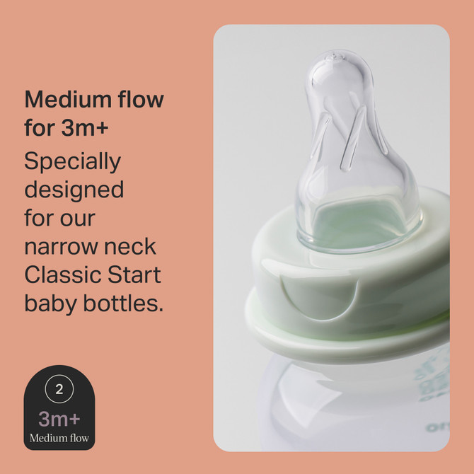 Tommee Tippee Classic Start Baby Bottle Replacement Teats, Pack of 2 Medium Flow Teats for Babies 3m+, with Anti-Colic Valve, Soft Silicone and BPA Free