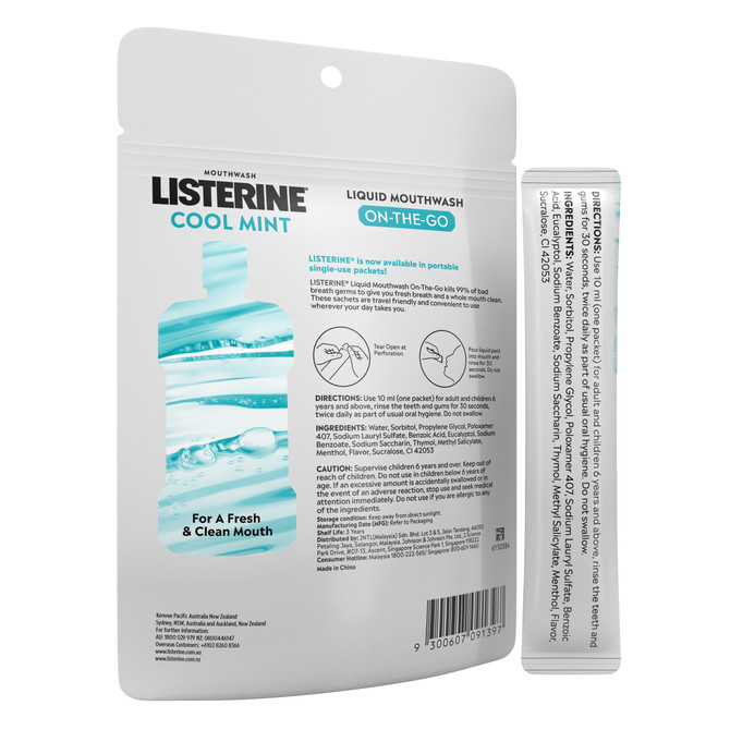 Listerine Cool Mint On-The-Go Liquid Mouthwash Sachets – Zero Alcohol Mild Taste Travel Mouthwash (10ml x 15 Single-Use Packs)