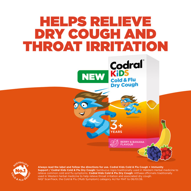 Codral Kids Cold & Flu Dry Cough Oral Liquid Syrup 200mL – Berry & Banana Flavour, Children’s Cold & Flu Relief (3+ Years)