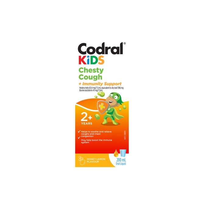 Codral Kids Chesty Cough + Immunity Support Oral Liquid Honey Lemon Flavour 200mL – Children’s Cough Medicine