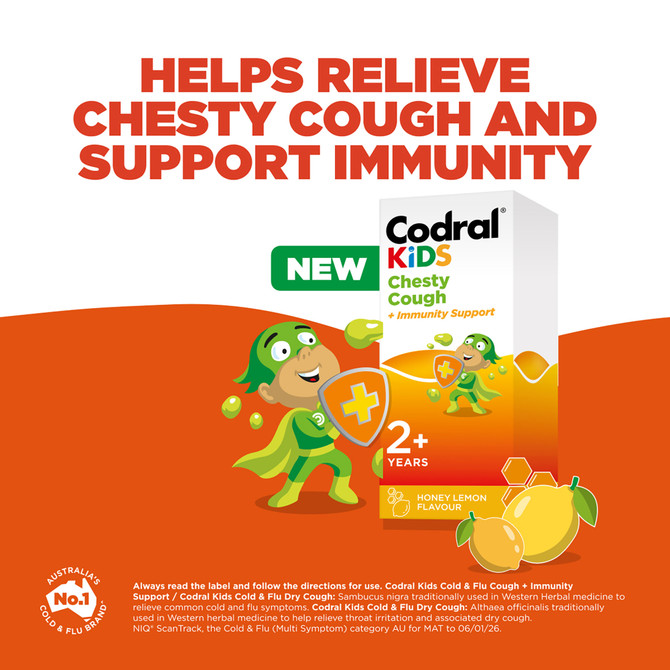 Codral Kids Chesty Cough + Immunity Support Oral Liquid Honey Lemon Flavour 200mL – Children’s Cough Medicine