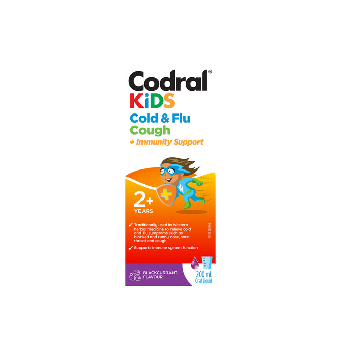 Codral Kids Cold & Flu Cough Oral Liquid with Immune Support – Blackcurrant Flavour, 200 mL (Children’s Cold & Flu Medicine)