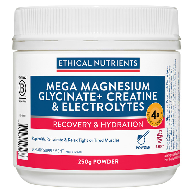Ethical Nutrients Mega Magnesium Glycinate+ Creatine & Electrolytes Powder Berry 250g