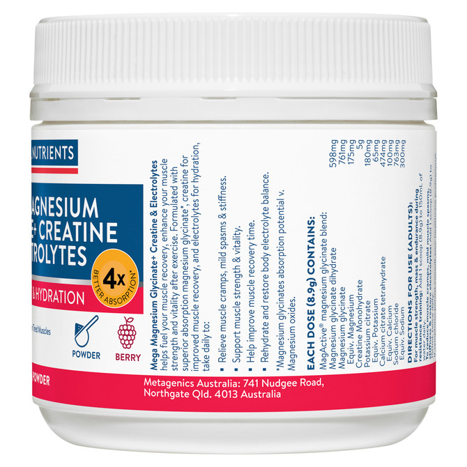 Ethical Nutrients Mega Magnesium Glycinate+ Creatine & Electrolytes Powder Berry 250g