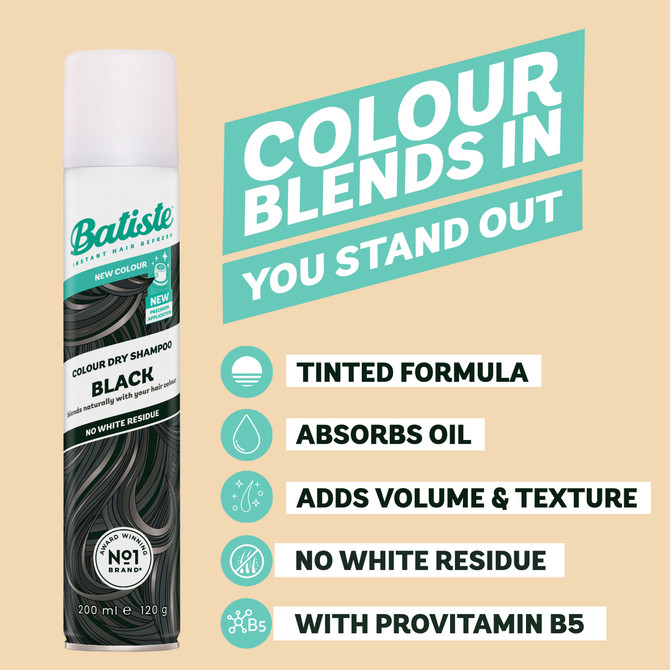 Batiste Black Colour Dry Shampoo |Peach & Vanilla Praline Fragrance | Tinted Formula |No white residue | 200mL