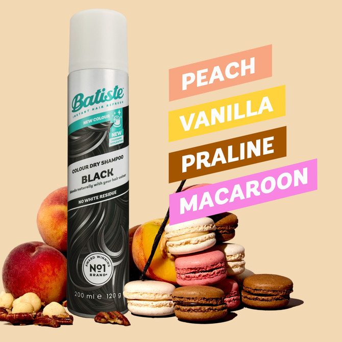 Batiste Black Colour Dry Shampoo |Peach & Vanilla Praline Fragrance | Tinted Formula |No white residue | 200mL