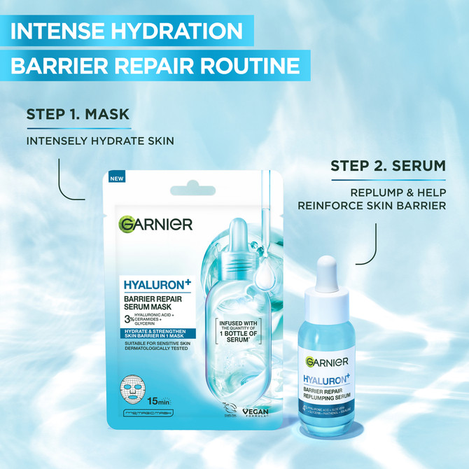Garnier Hyaluron+ Barrier Repair Serum Mask. Enriched with Hyaluronic Acid + Ceramides.