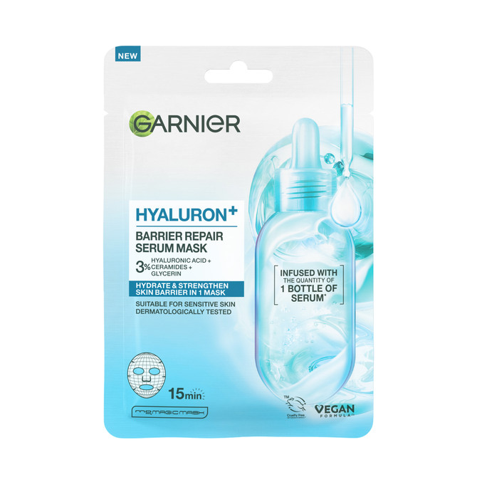 Garnier Hyaluron+ Barrier Repair Serum Mask. Enriched with Hyaluronic Acid + Ceramides.
