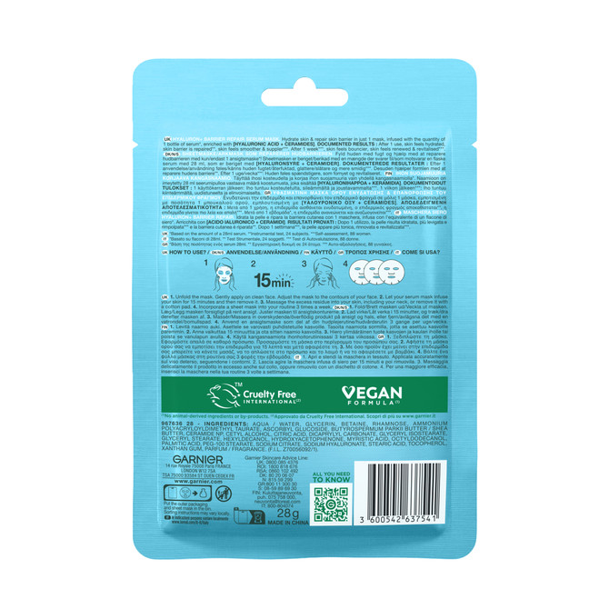 Garnier Hyaluron+ Barrier Repair Serum Mask. Enriched with Hyaluronic Acid + Ceramides.