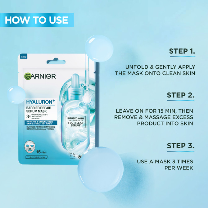 Garnier Hyaluron+ Barrier Repair Serum Mask. Enriched with Hyaluronic Acid + Ceramides.