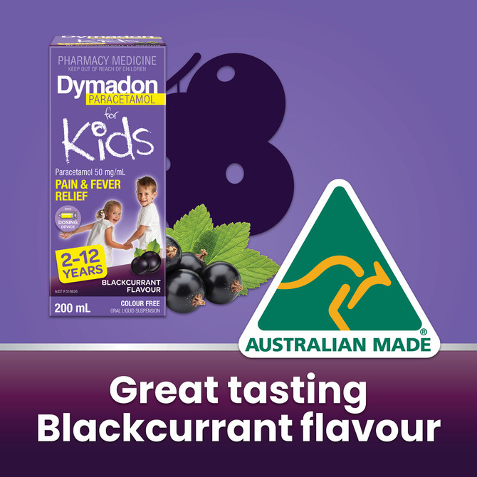 Dymadon Paracetamol for Kids 2-12yrs BLACKCURRANT 200mL