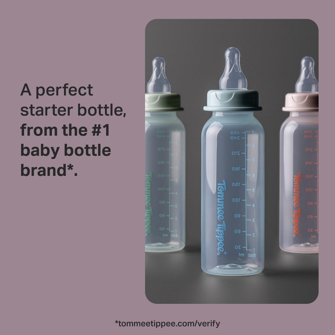 Tommee Tippee Classic Start Baby Bottles for 0m+, Pack of 1, 250ml Baby Bottles, with a Soft, Slow Flow Teat with Anti-Colic Valve, Narrow Neck Shape and BPA Free, Assorted Colours