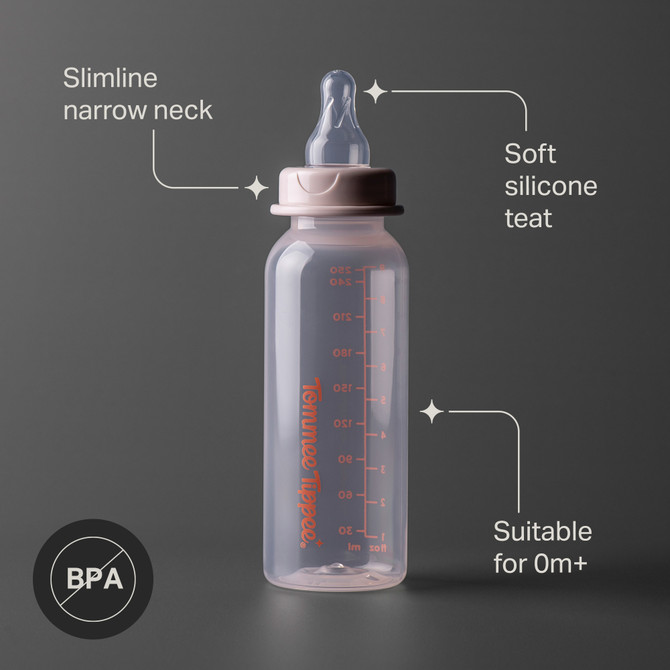 Tommee Tippee Classic Start Baby Bottles for 0m+, Pack of 1, 250ml Baby Bottles, with a Soft, Slow Flow Teat with Anti-Colic Valve, Narrow Neck Shape and BPA Free, Assorted Colours