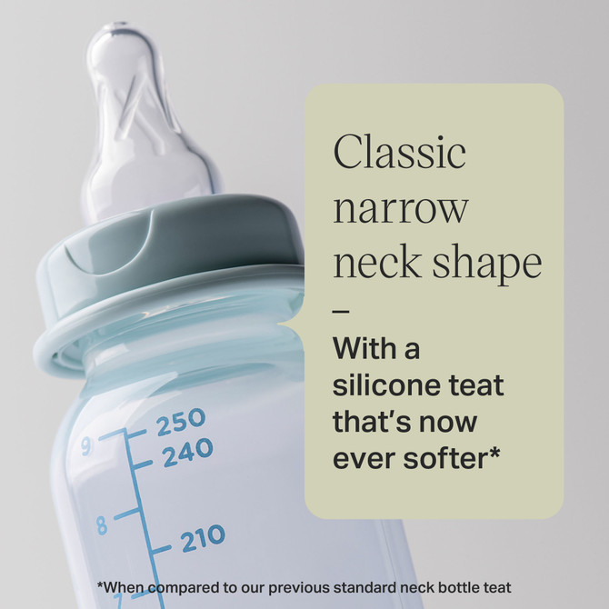 Tommee Tippee Classic Start Baby Bottles for 0m+, Pack of 1, 250ml Baby Bottles, with a Soft, Slow Flow Teat with Anti-Colic Valve, Narrow Neck Shape and BPA Free, Assorted Colours