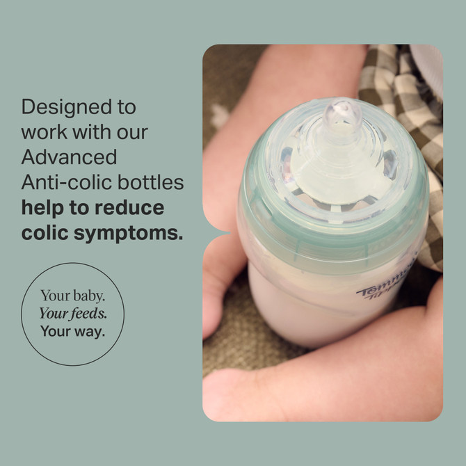 Tommee Tippee Advanced Anti-Colic Baby Bottle Teats, Fast Flow, 6+ Months, Breast-Like for a Natural Latch, Anti-colic Valve, Soft Silicone, Pack of 2