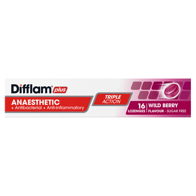 Difflam Plus Anaesthetic Sore Throat Pack  Wild Berry Flavour 16 Pack 