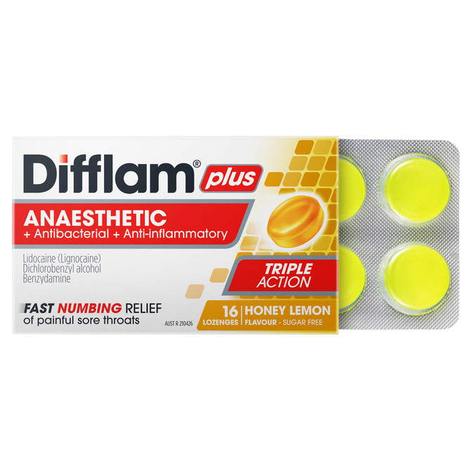 Difflam Plus Anaesthetic Sore Throat Lozenges Honey & Lemon Flavour 16s