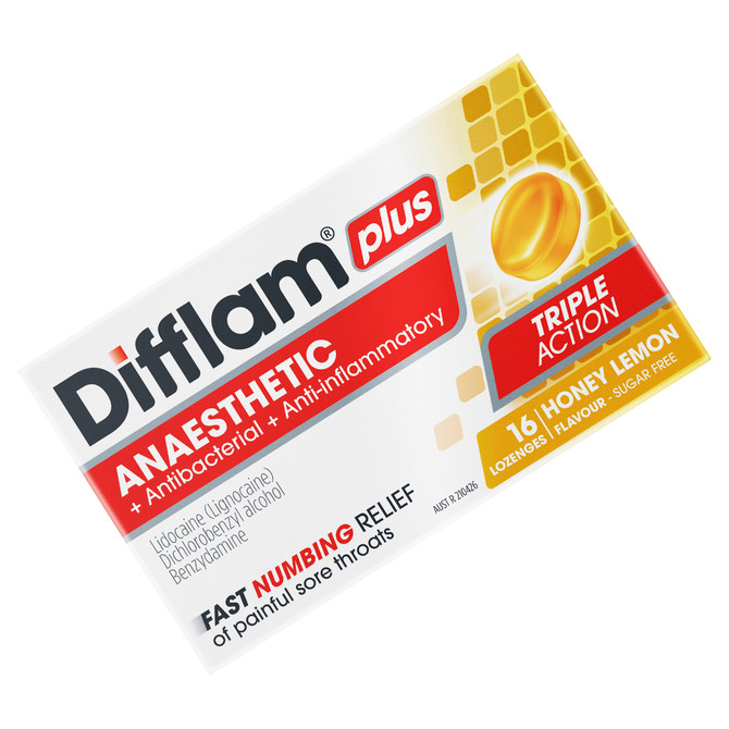 Difflam Plus Anaesthetic Sore Throat Lozenges Honey & Lemon Flavour 16s