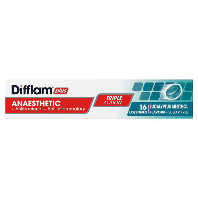 Difflam Plus Anaesthetic Sore Throat Pack  Eucalyptus Menthol Flavour 16 Pack 